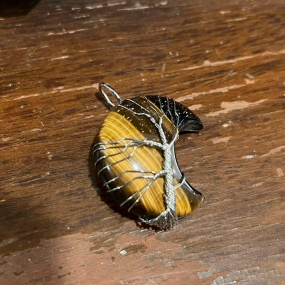 Tiger's Eye Half Moon Pendant Wire Wrapped Tree of Life NWT